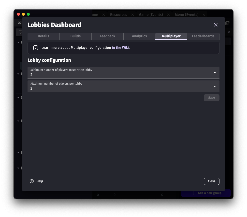 Lobbies configuration in the game dashboard